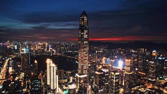 航拍深圳福田CBD平安大厦傍晚夜景