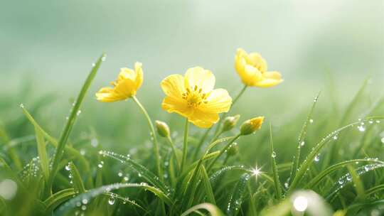 春天黄色小野花露珠清新微距特写镜头