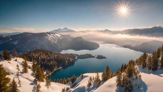 雪山湖泊阳光全景风光