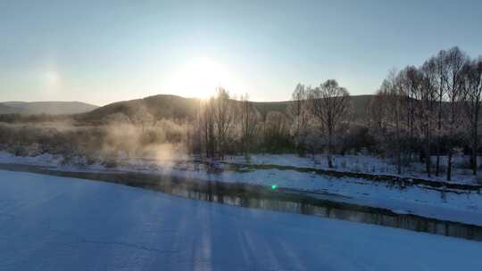 航拍林海雪原冰河冻雾朝阳