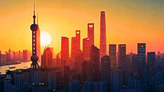 都市晨曦城市天际光影变幻日出东方高楼林立