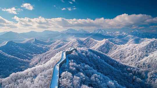 航拍冬季冰雪长城