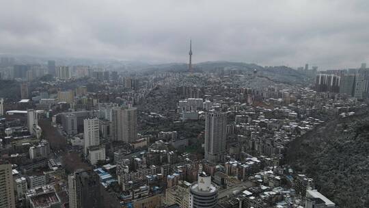 贵阳冬季下雪城市风景航拍4K