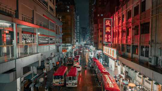 香港旺角街道下雨天夜景延时摄影