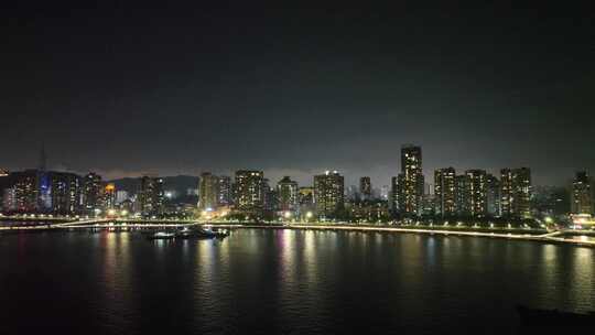 珠海夜景航拍海滨城市情侣中路夜晚建筑风光