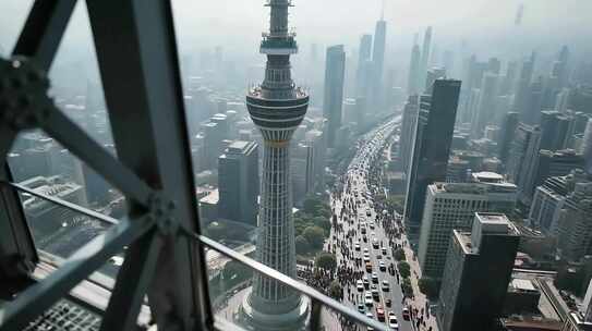 俯瞰城市地标建筑与街道车流