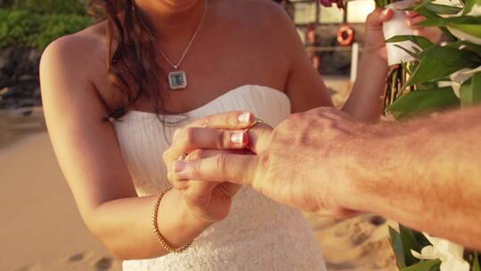 新娘将结婚戒指戴在新郎手上
