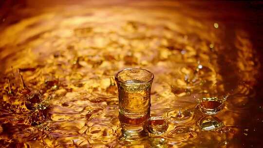 酒杯黄色液体流动白酒水滴酒杯