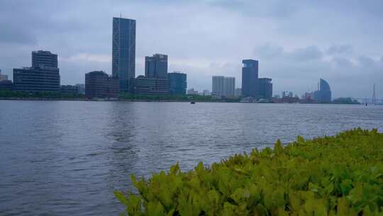 水边眺望对岸城市高楼的风景4K延时