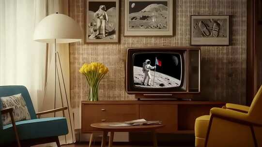 复古客厅电视机播放太空画面