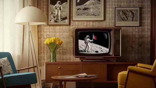 复古客厅电视播放太空画面