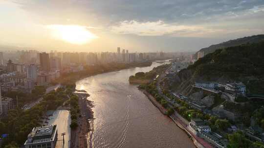 夕阳下的黄河第一桥中山桥航拍