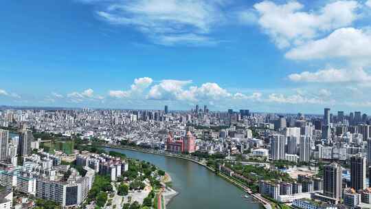 航拍海南海口海甸河滨江城市风光