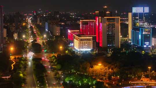 航拍扬州西区明月湖商圈夜景车流灯光素材