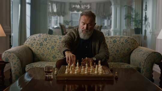 老人，玩，象棋，独自一人