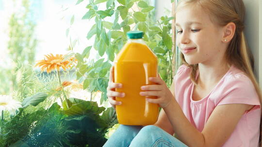 女孩微笑拿着一瓶橙汁
