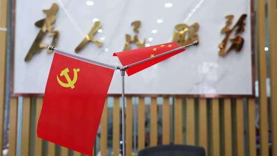 公仆为人民服务标语前的国旗党旗