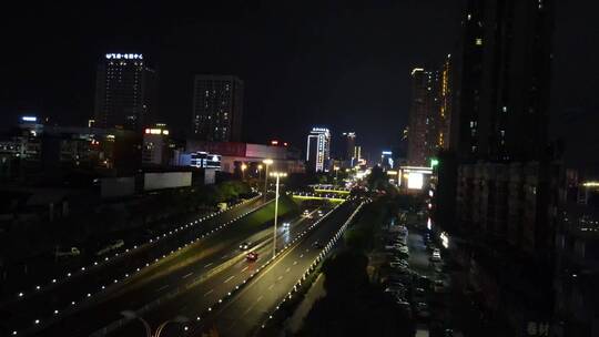 航拍湖南岳阳城市高架桥夜景灯光