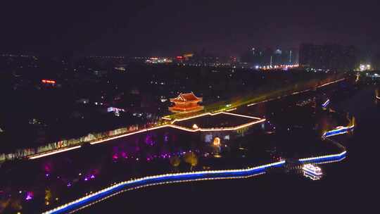 航拍荆州古城夜景，荆州宾阳楼夜景