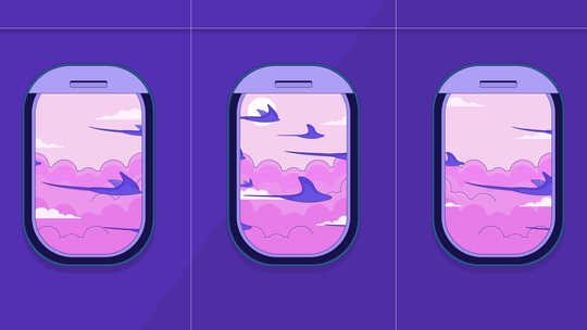 射线鱼在飞机窗户里飞行低保真动画