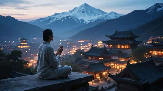 人于山间寺庙旁静坐冥想