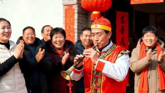 男子穿传统服饰吹奏唢呐