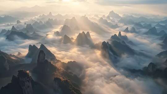 壮美云海中的喀斯特山峰