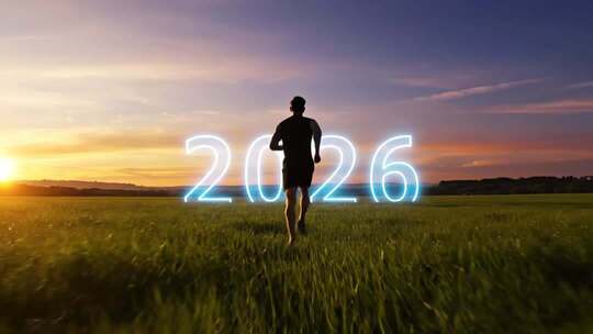 日出草原上向着2026奔跑的人物剪影
