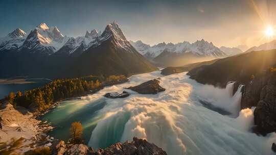 雪山下河流瀑布自然风光