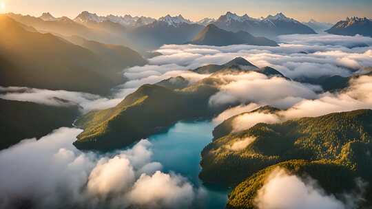 航拍山间云海湖泊美景