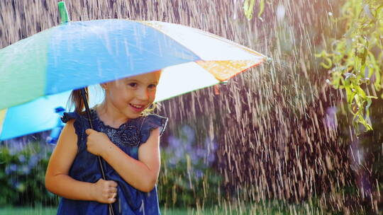 女孩打着雨伞站在雨下
