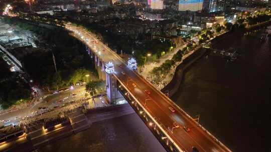 湖北黄鹤楼公园武汉长江大桥夜晚夜景航拍车