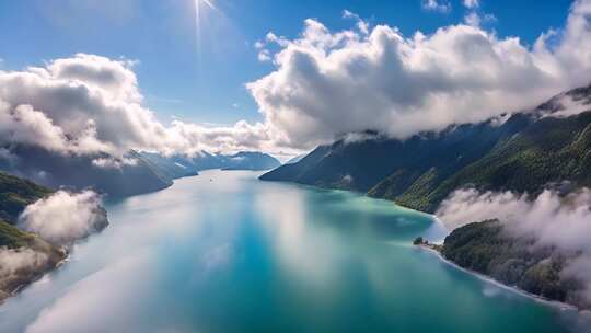 空中俯瞰山水云雾美景