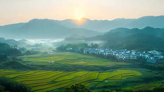 日出时刻农村水稻民居田园风光