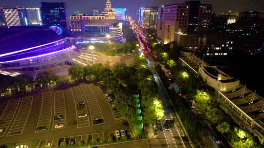 杭州西湖区黄龙路天目山路夜晚夜景高楼大厦