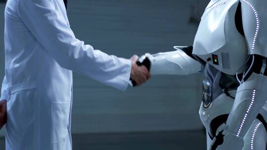 科学家与机器人握手