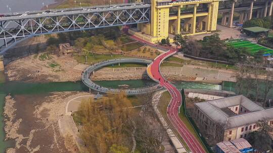 长江大桥公园映红桥航拍延时