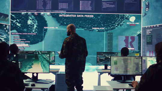 陆军军官在军事基地大屏幕上检查实时卫星数