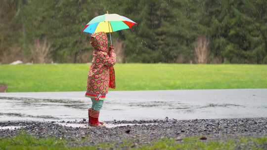 女孩撑着伞在雨中跳进水坑