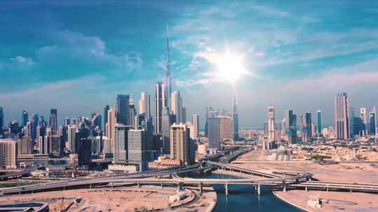 航拍迪拜哈利法塔迪拜购物中心日出天际线