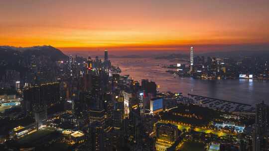 香港城市晚霞夜景航拍延时