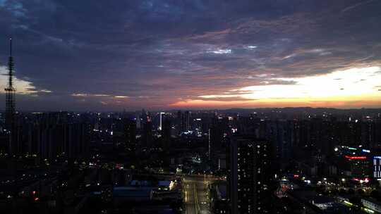 城市夜景航拍 傍晚落日余晖