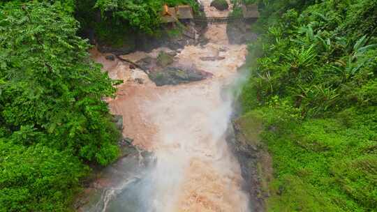 云南普洱西盟热带雨林夏天雨季山洪瀑布航拍