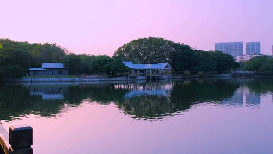 广州城市湖景豪宅与流花湖落日夕阳唯美风光