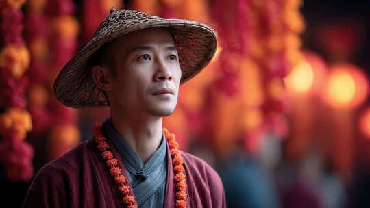 东方男子身着传统服饰眺望远方