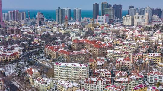 青岛城市风光雪景鸟瞰