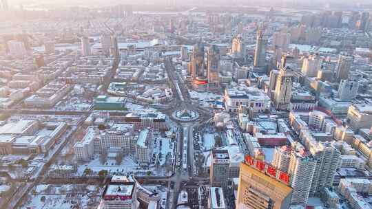 中国黑龙江哈尔滨城市雪景航拍