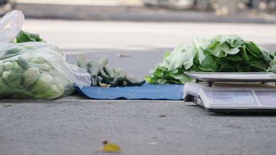 马路边卖菜占道经营街边摆摊市井生活视频素材模板下载