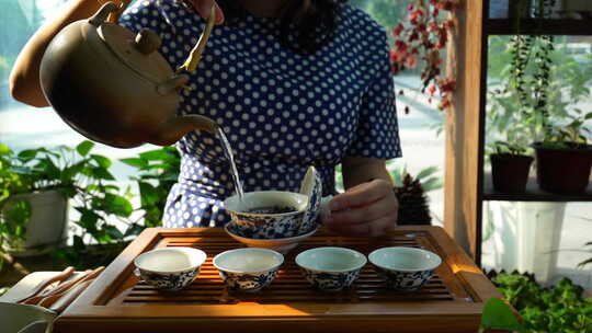 午后阳光美女茶艺师展示功夫茶冲泡红茶文化视频素材模板下载