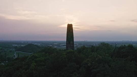 落日晚霞风光航拍上海松江天马山顶宝塔